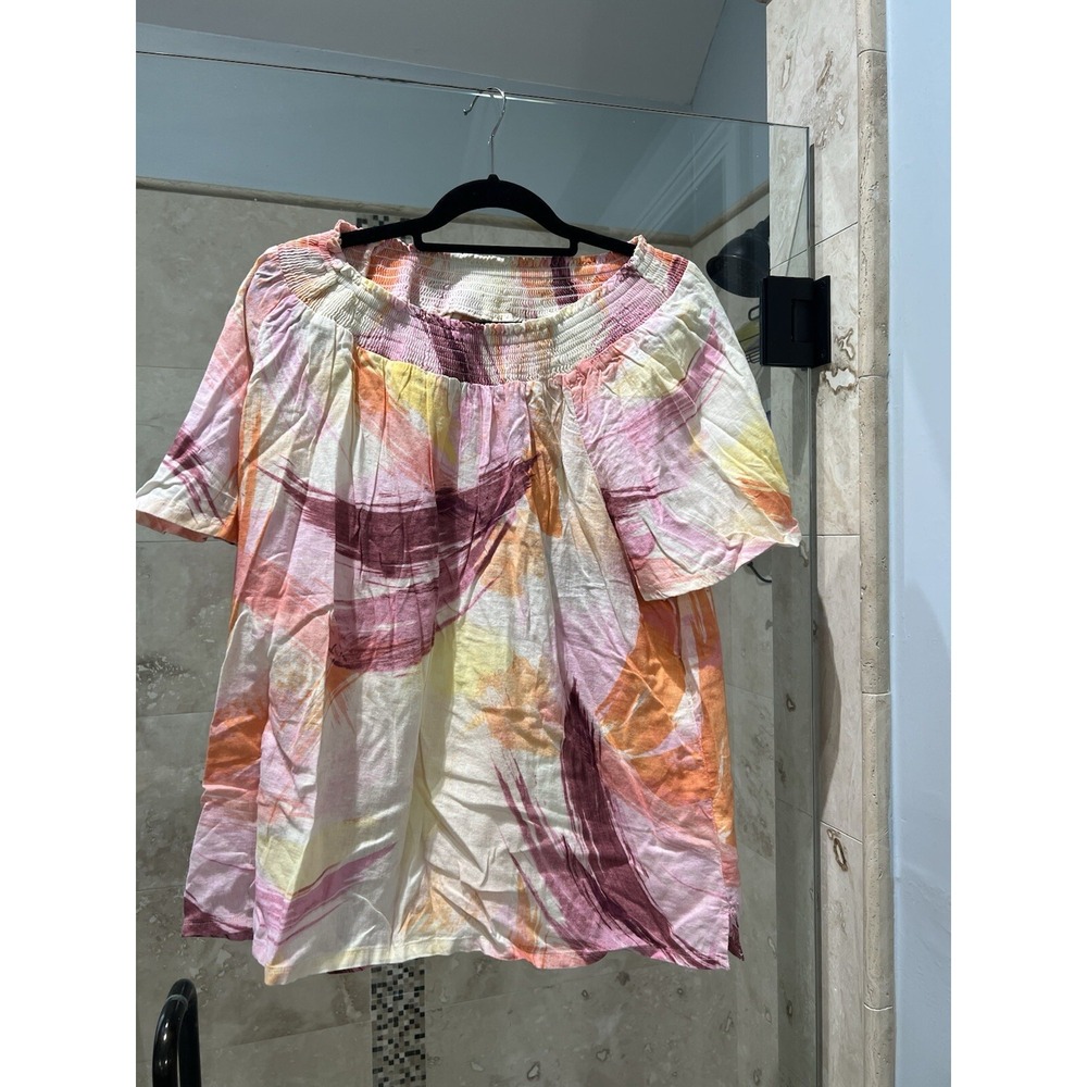 Naturals D&Co Womens 1X Shirt Linen Blend Coastal Floral Smocked Neck Top